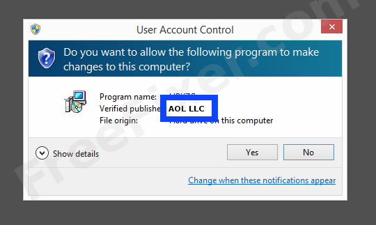 Screenshot where AOL LLC appears as the verified publisher in the UAC dialog